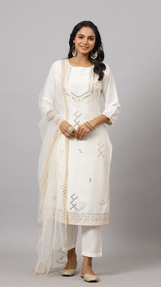 White mirror work Kurta set with dupatta