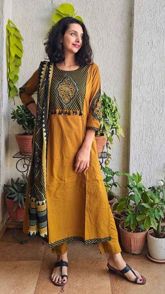 Earthy mustard elegant kurti set with dupatta