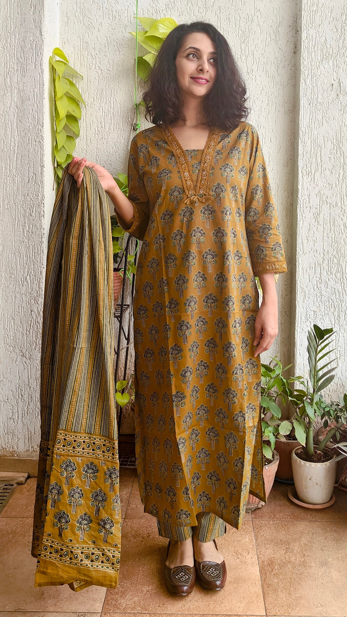 Embroidered mustard block printed cotton kurta set with dupatta