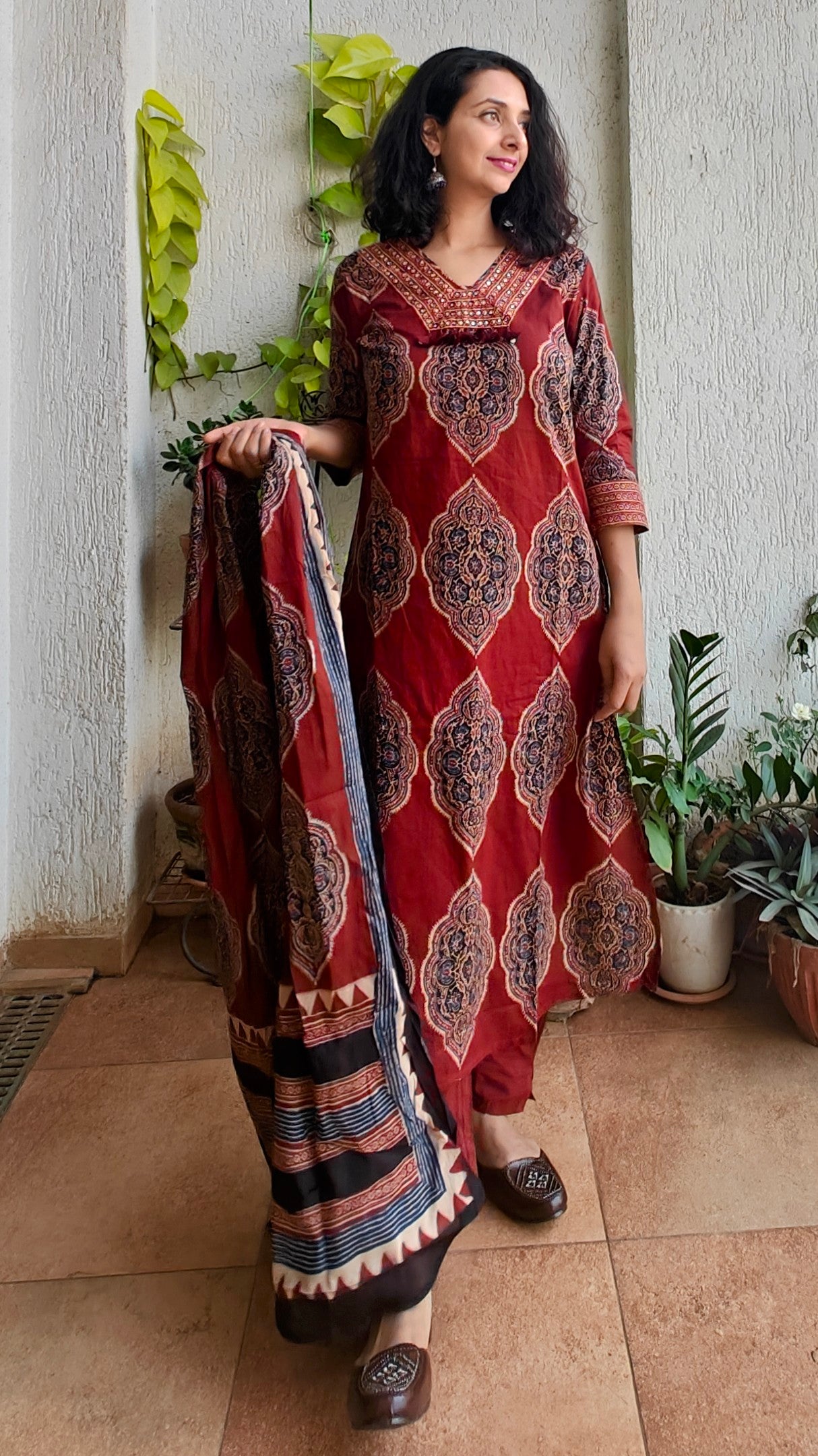 Maroon block print mirror work kurta set with dupatta