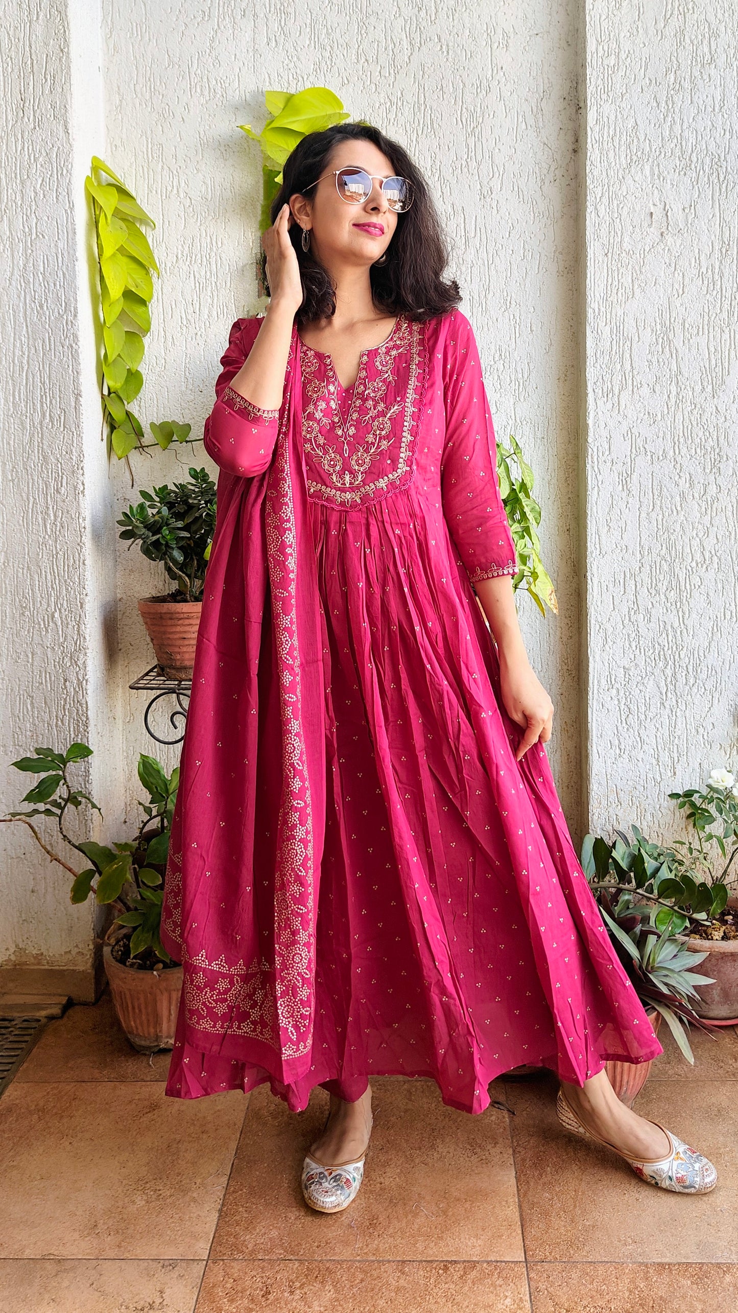 Rani pink Anarkali malmal cotton kurta set with dupatta