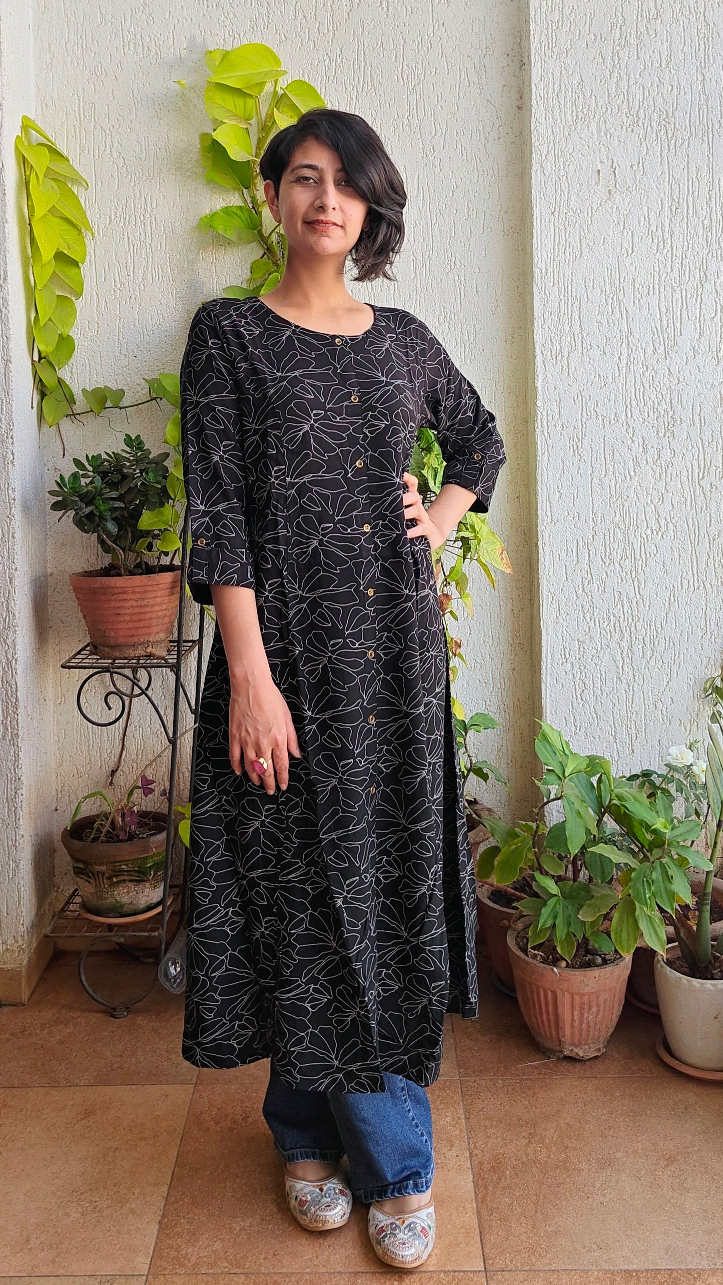 Black A-line digital print kurti