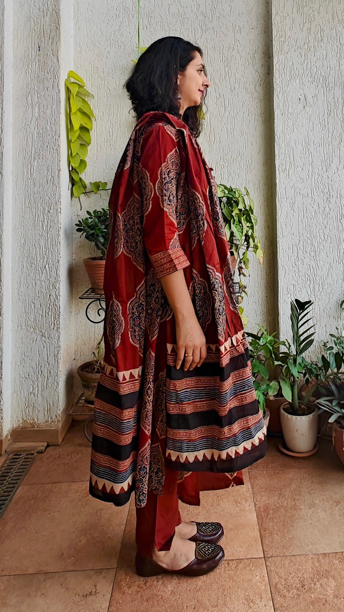 Maroon block print mirror work kurta set with dupatta