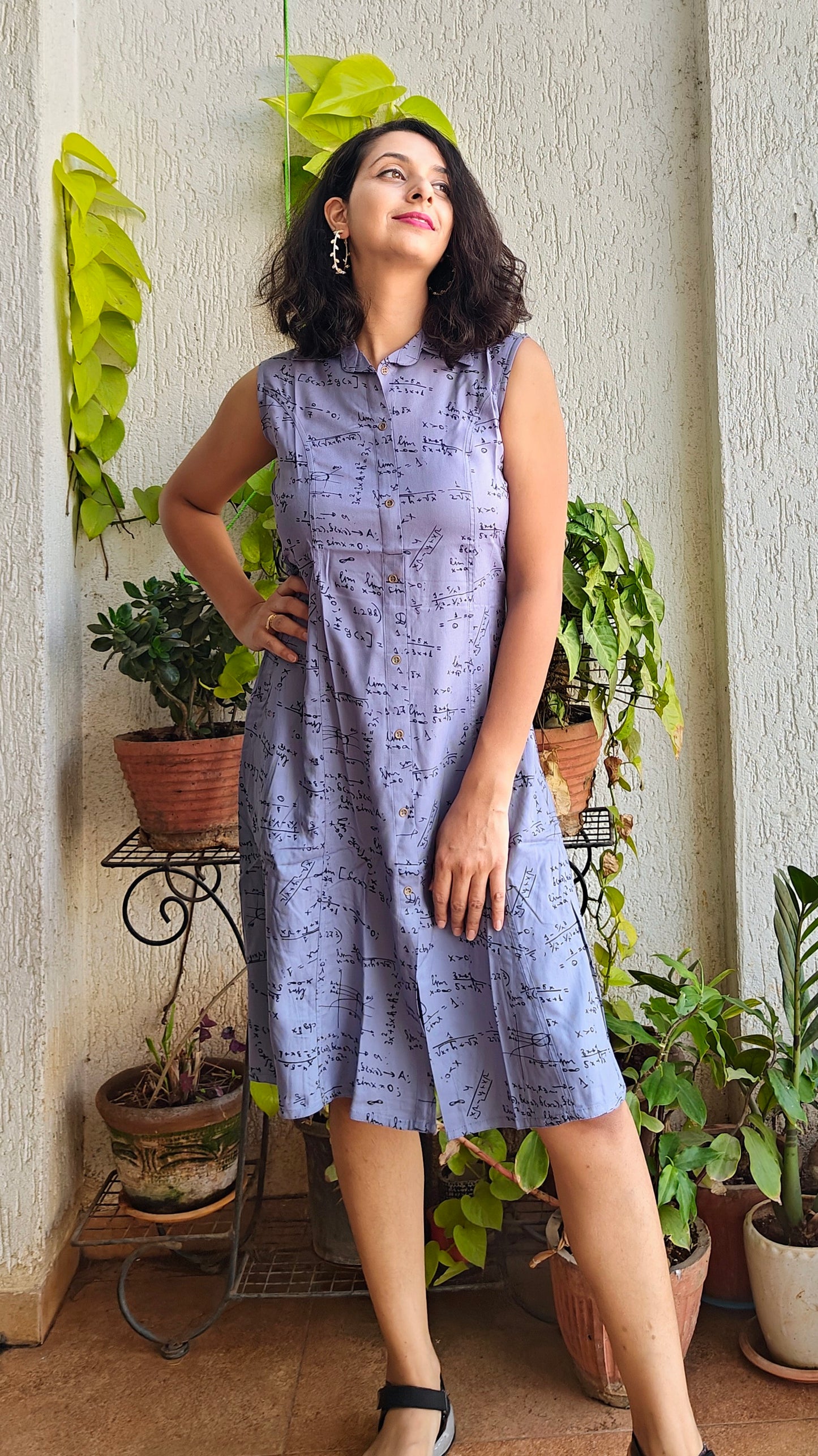 Blue collared knee length dress with sleeves attached