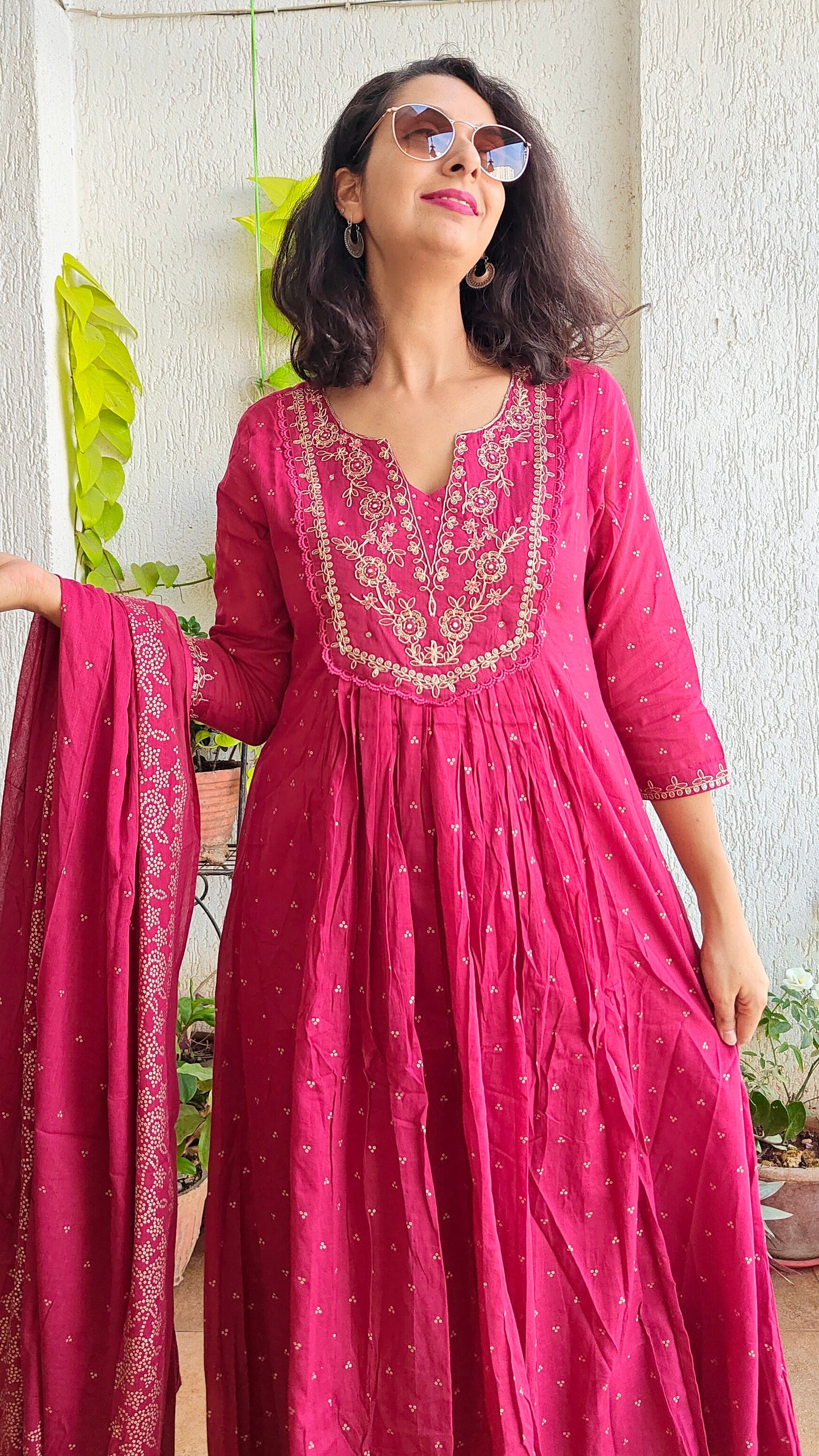 Rani pink Anarkali malmal cotton kurta set with dupatta