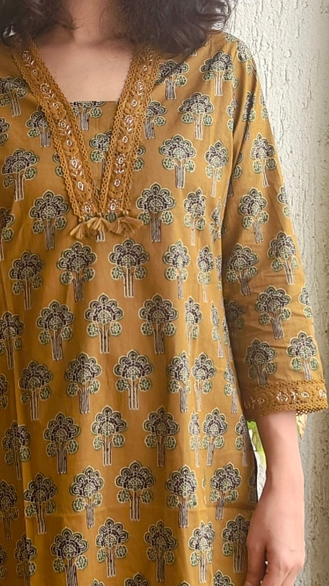 Embroidered mustard block printed cotton kurta set with dupatta