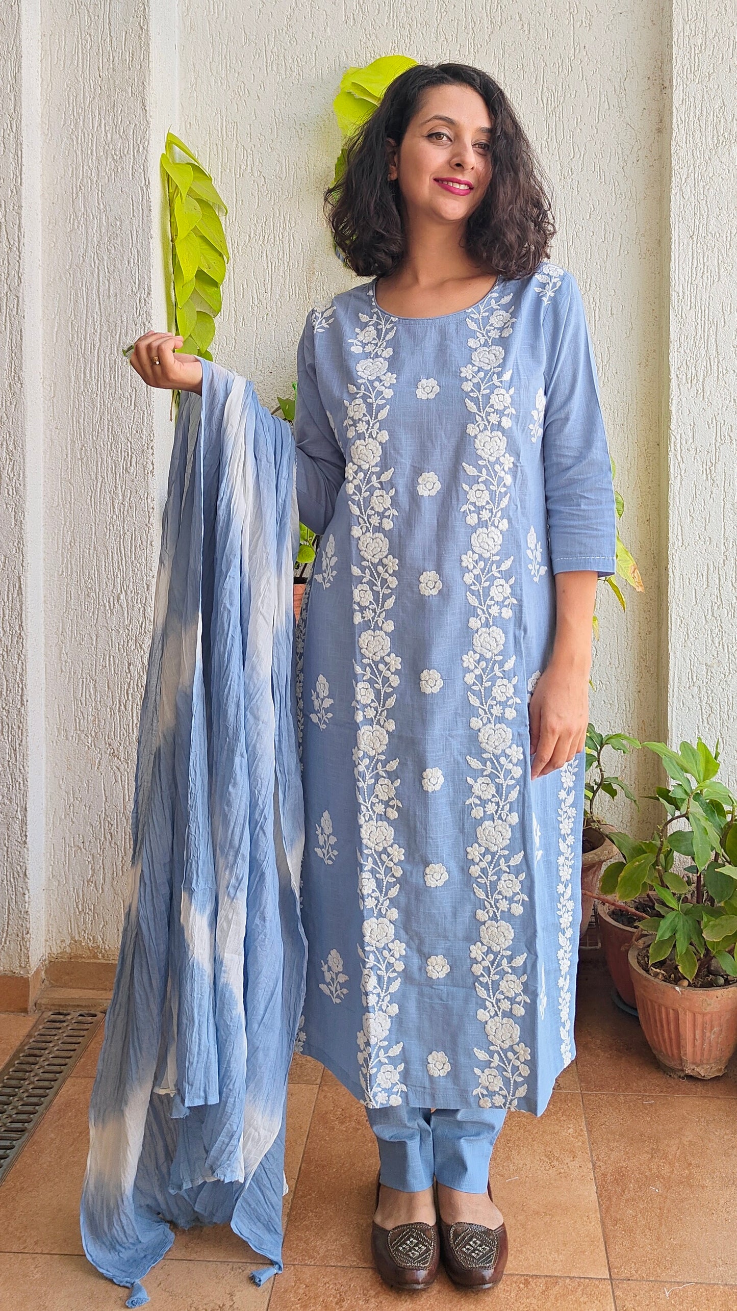 Powder blue embroidered kurta set with tie and die dupatta