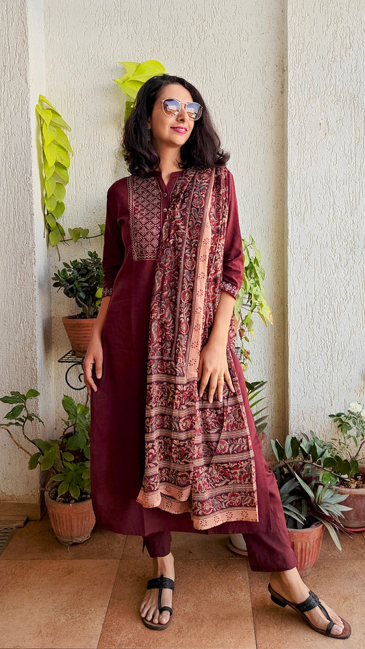 Cotton linen kurta set with Kalamkari dupatta