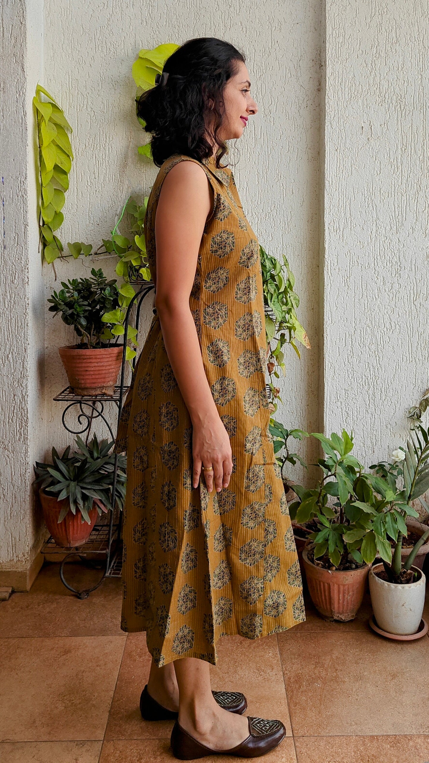 Mustard block printed collared dress