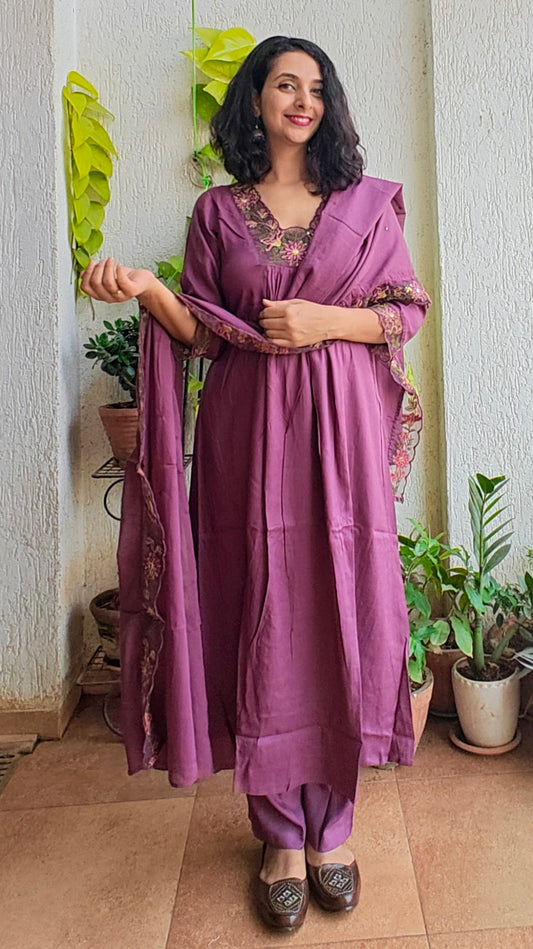 Wine colored v neck lace a-line Mal cotton kurta set with dupatta