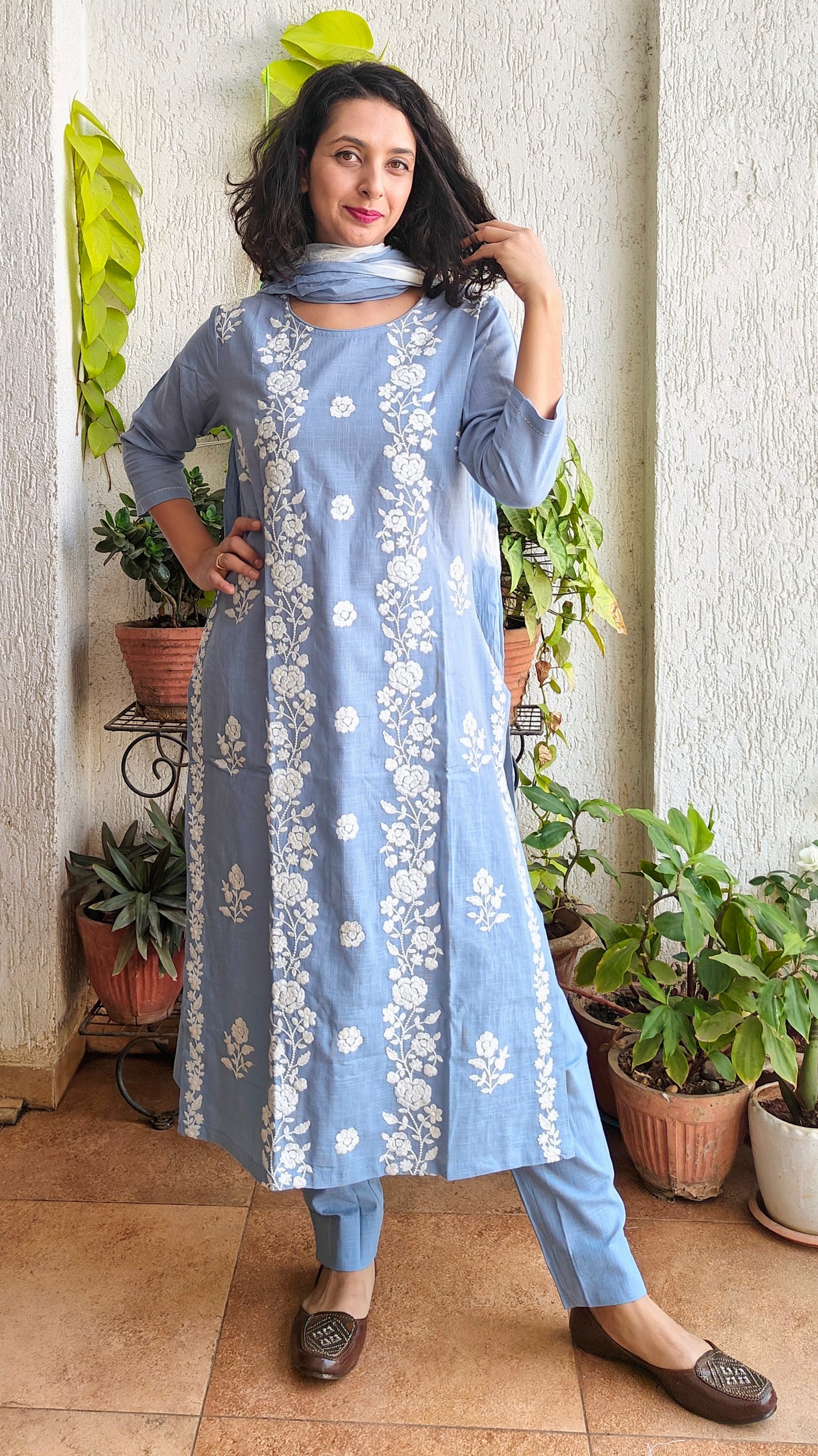 Powder blue embroidered kurta set with tie and die dupatta