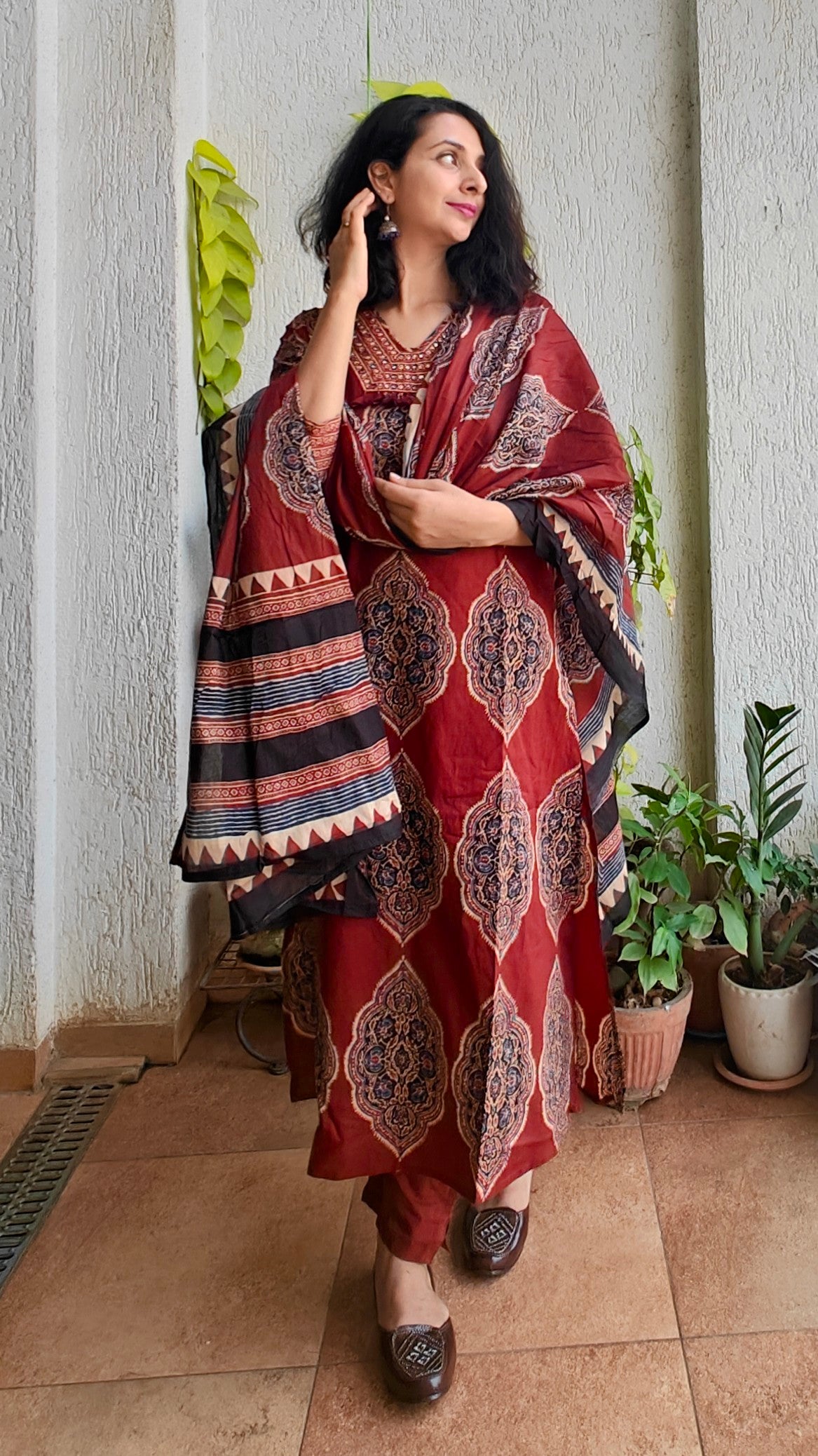 Maroon block print mirror work kurta set with dupatta