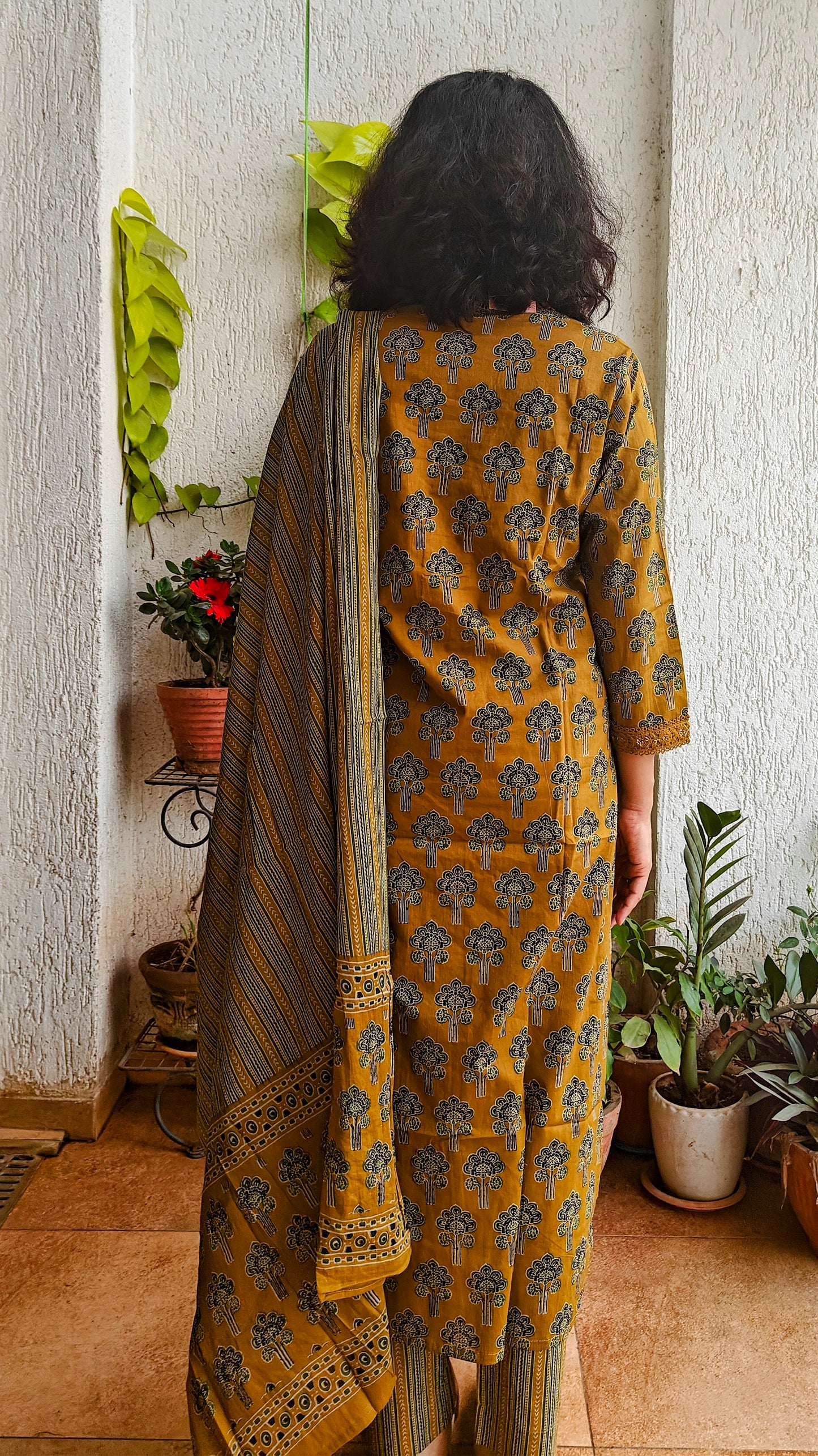 Embroidered mustard block printed cotton kurta set with dupatta