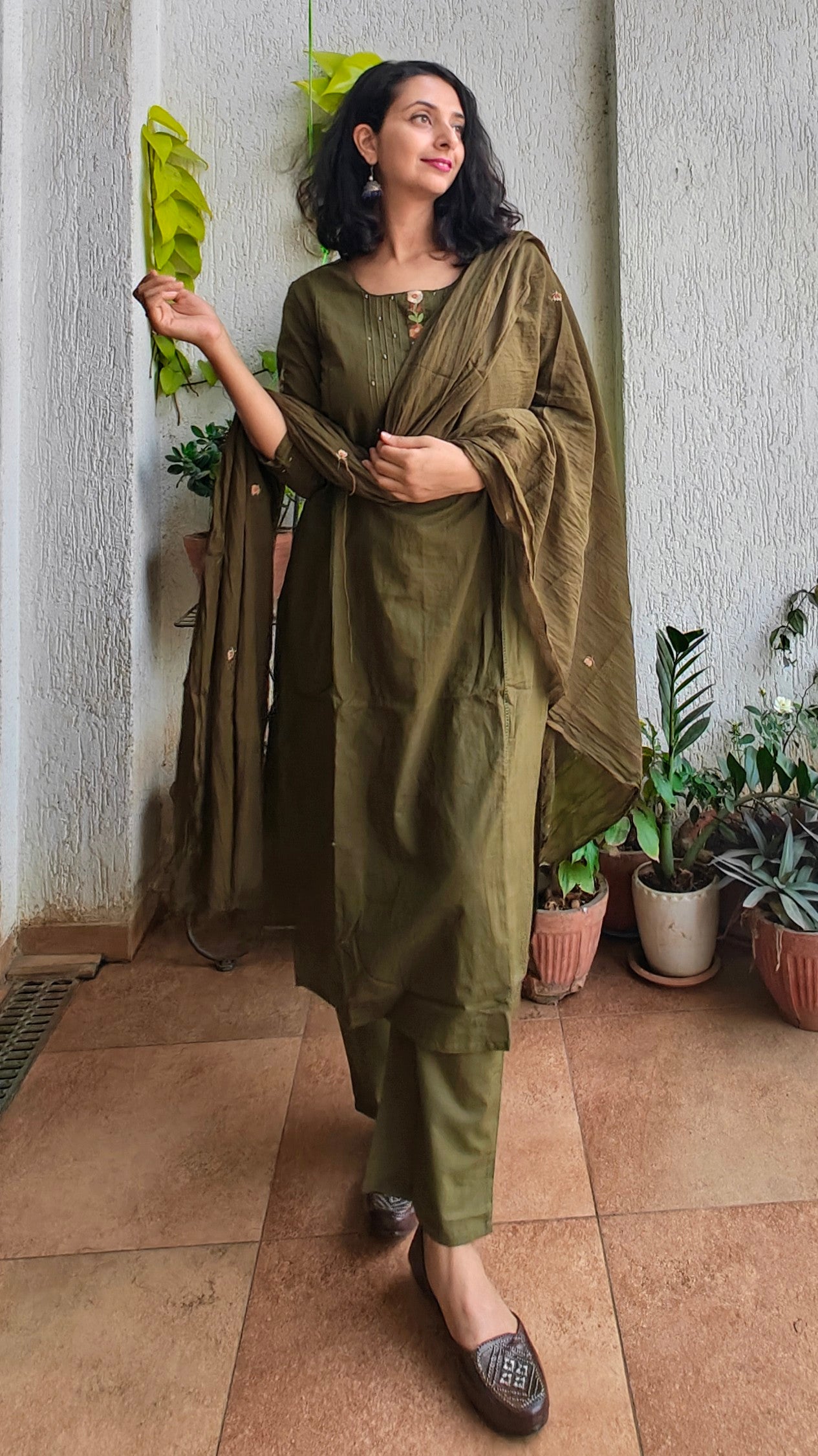 Mehendi green Mal cotton kurta set with dupatta