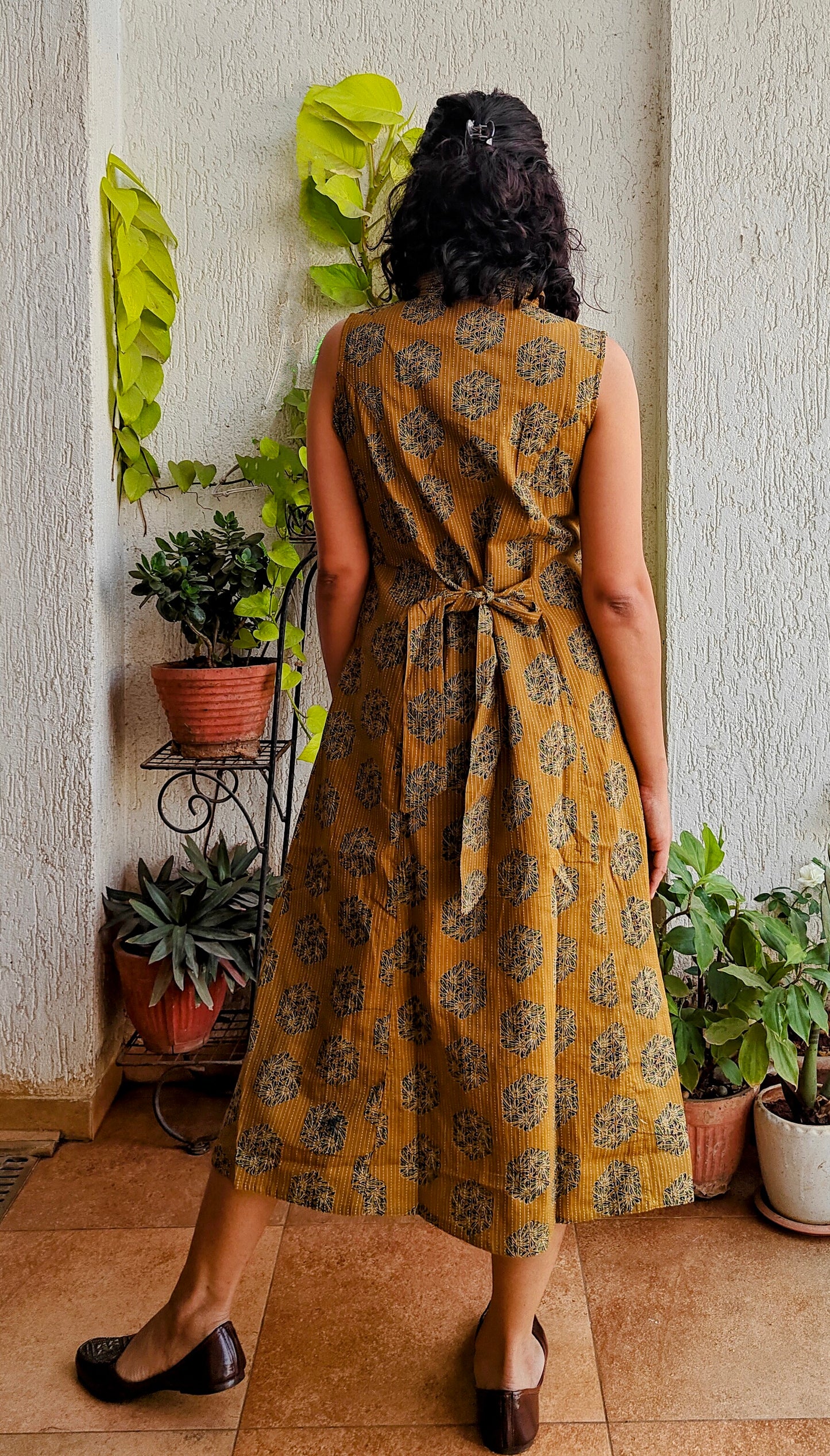 Mustard block printed collared dress