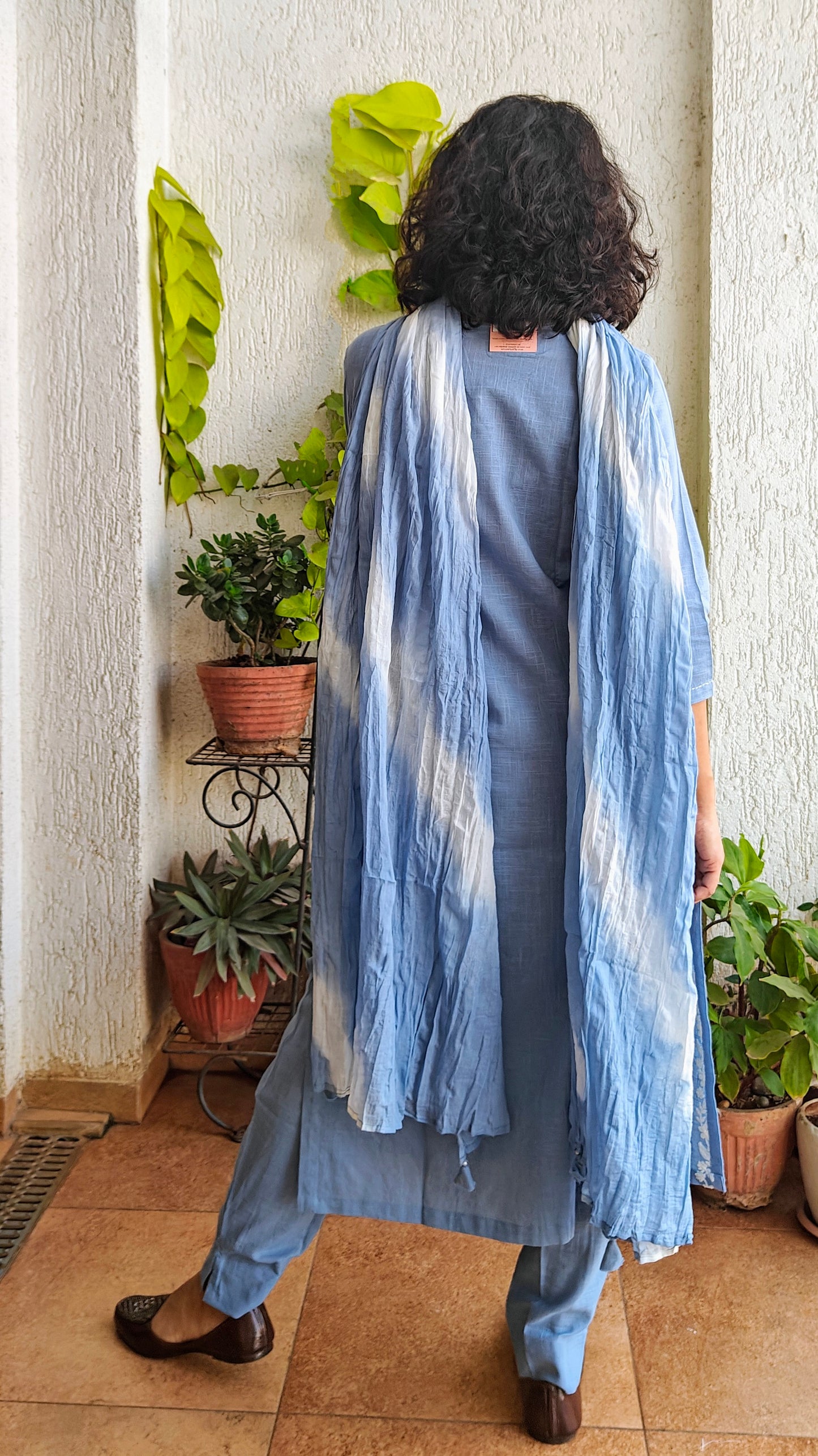 Powder blue embroidered kurta set with tie and die dupatta