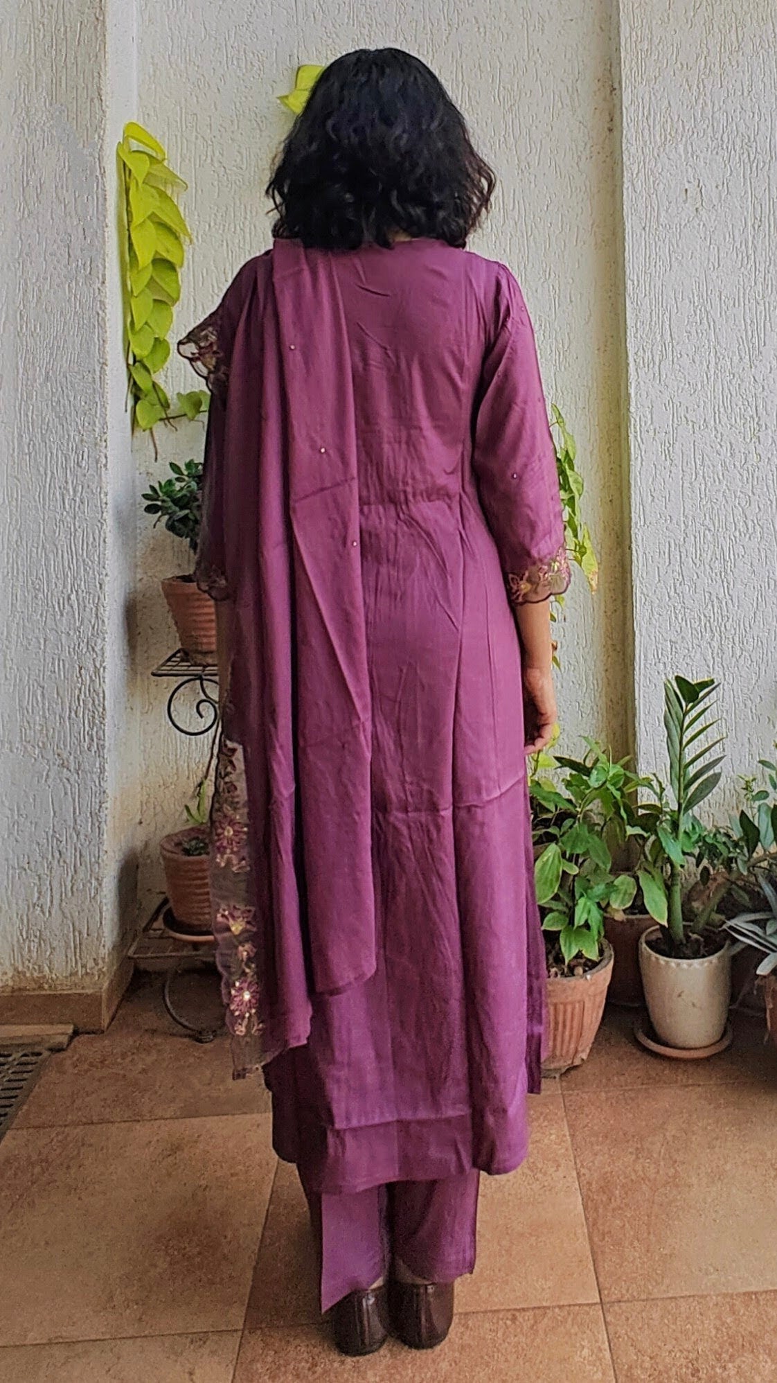 Wine colored v neck lace a-line Mal cotton kurta set with dupatta