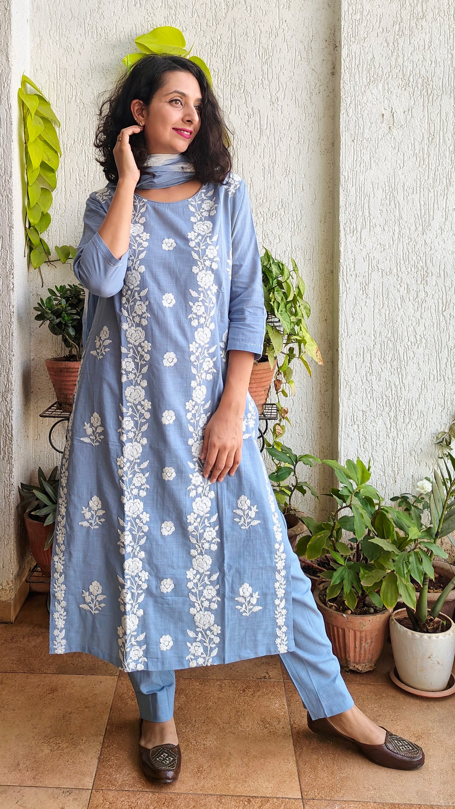 Powder blue embroidered kurta set with tie and die dupatta