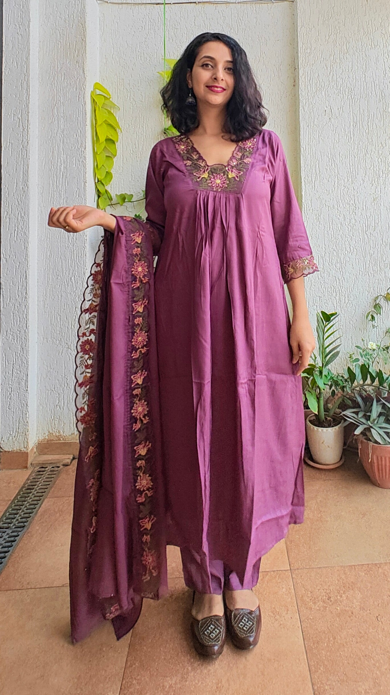 Wine colored v neck lace a-line Mal cotton kurta set with dupatta