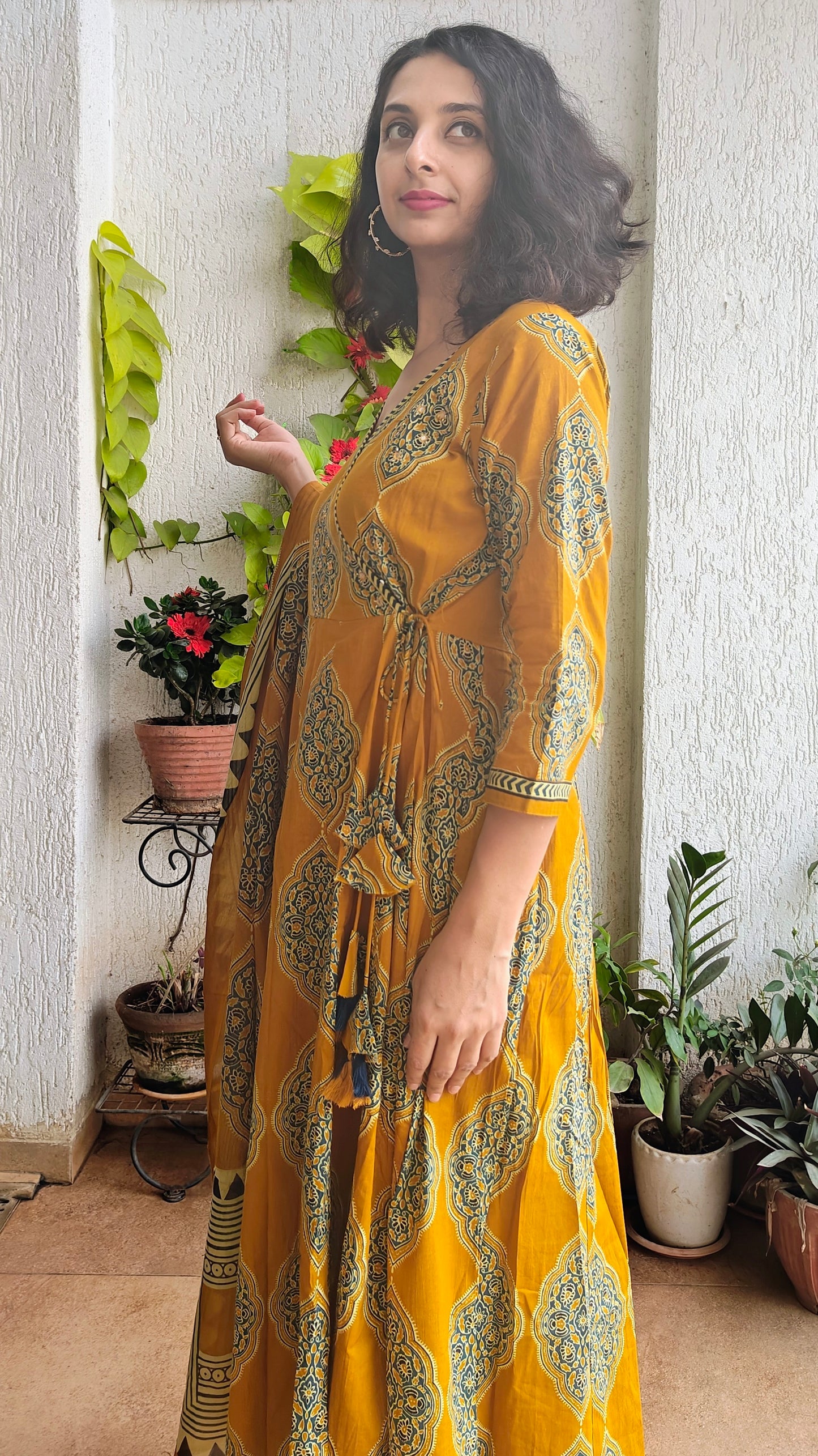 Mustard mock Angarakha Anarkali kurta set with dupatta