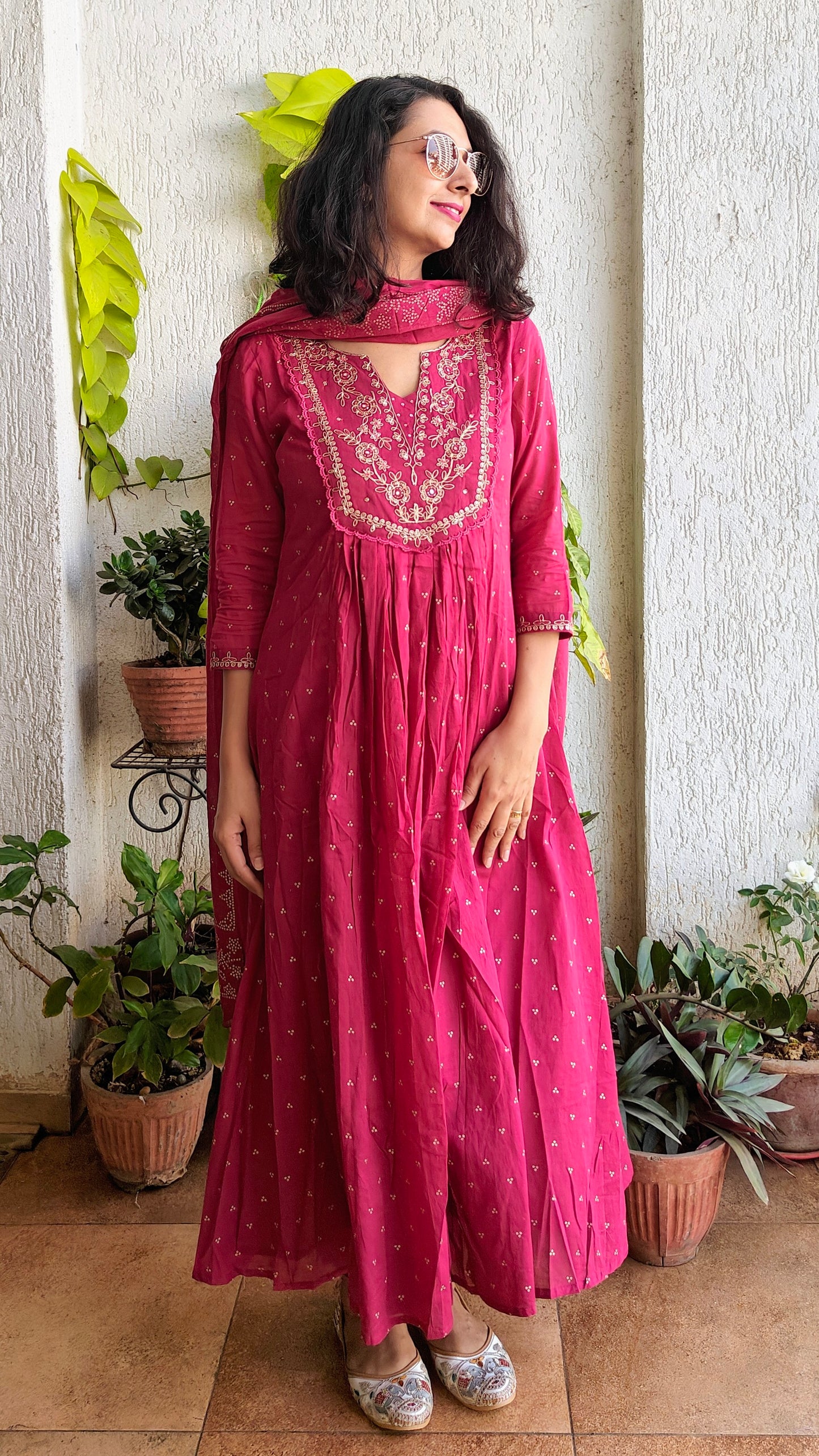 Rani pink Anarkali malmal cotton kurta set with dupatta