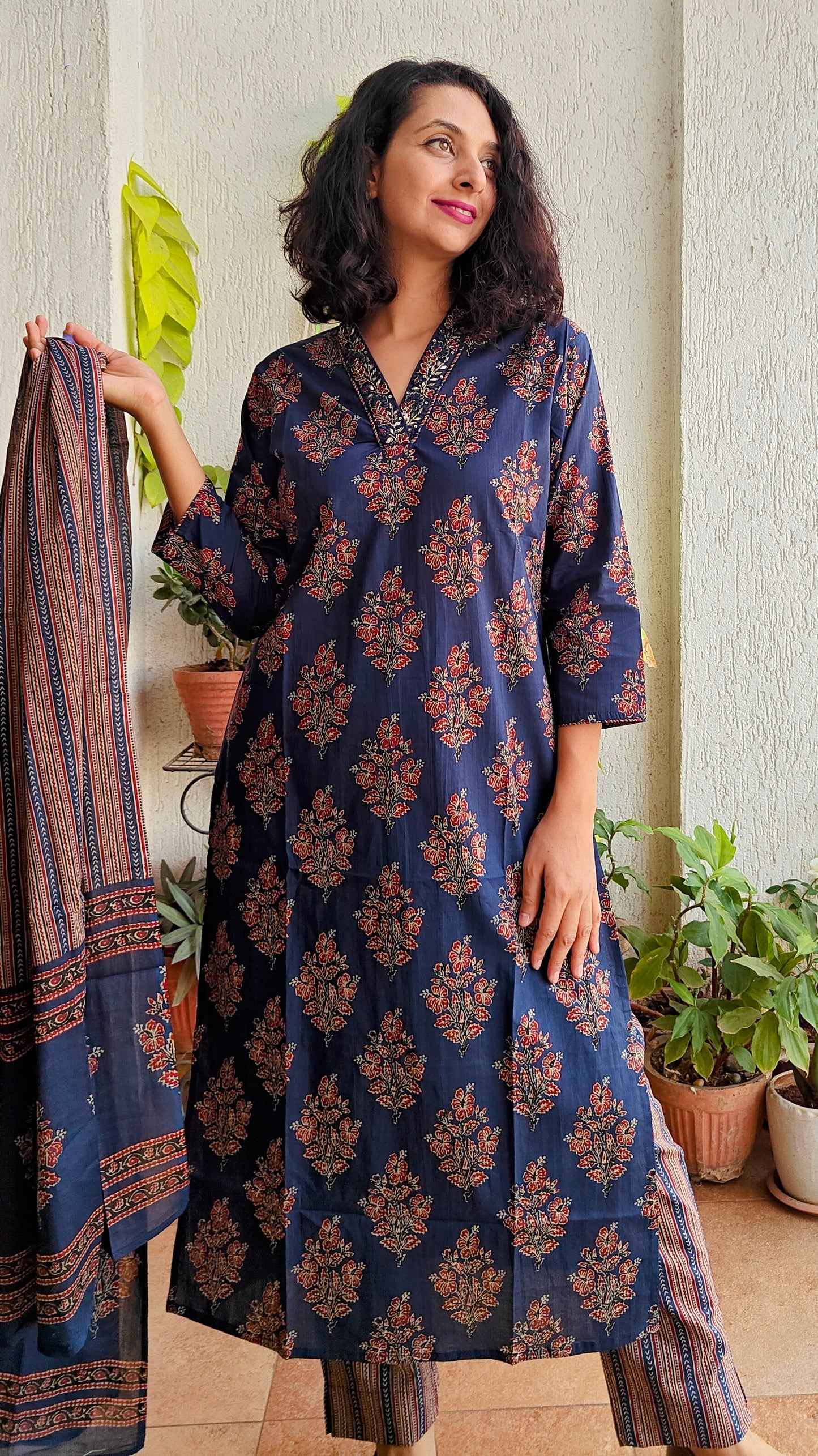 Indigo blue block print kurta set with dupatta