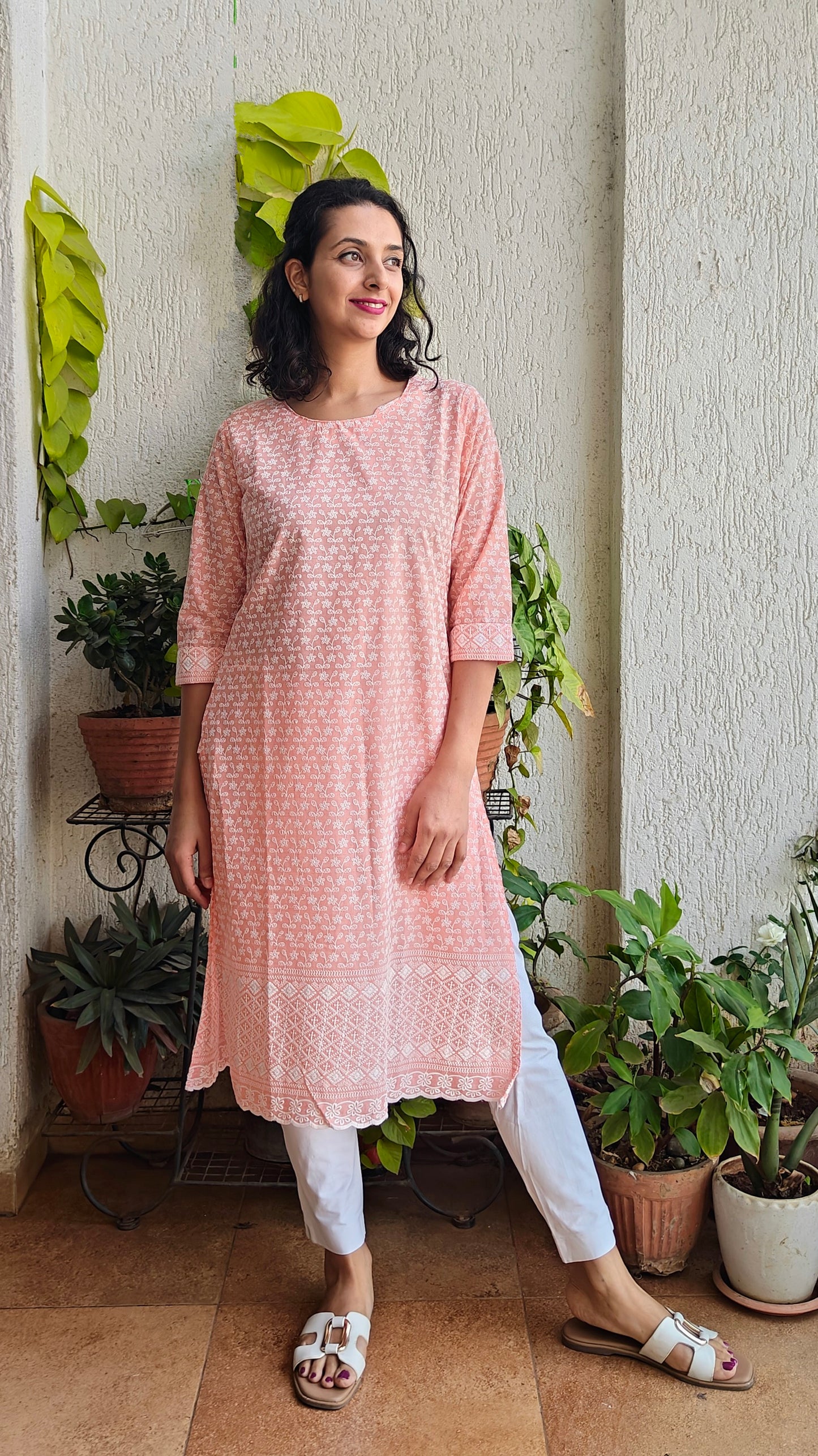 Peach Chickankari kurti