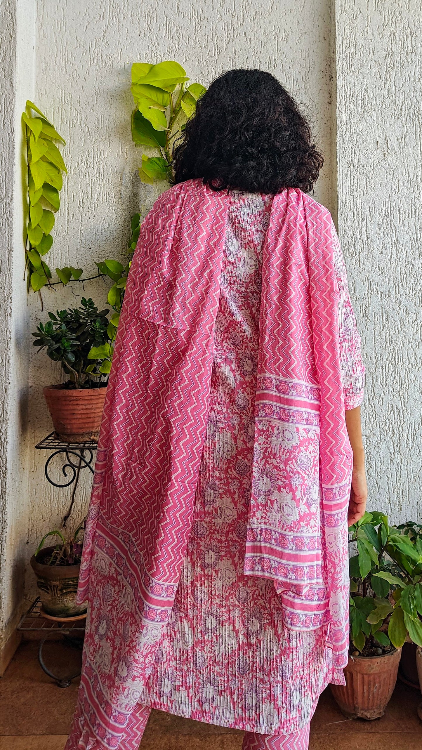 Pink floral pleated cotton kurta set with dupatta