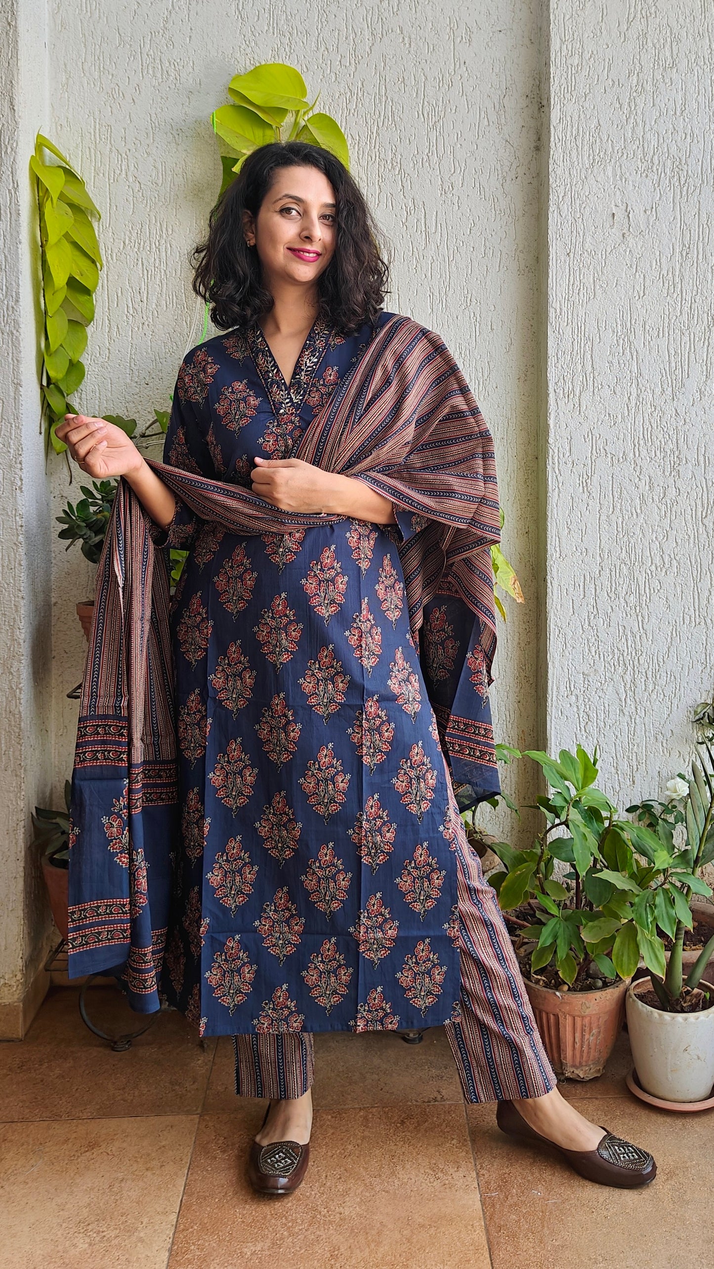 Indigo blue block print kurta set with dupatta