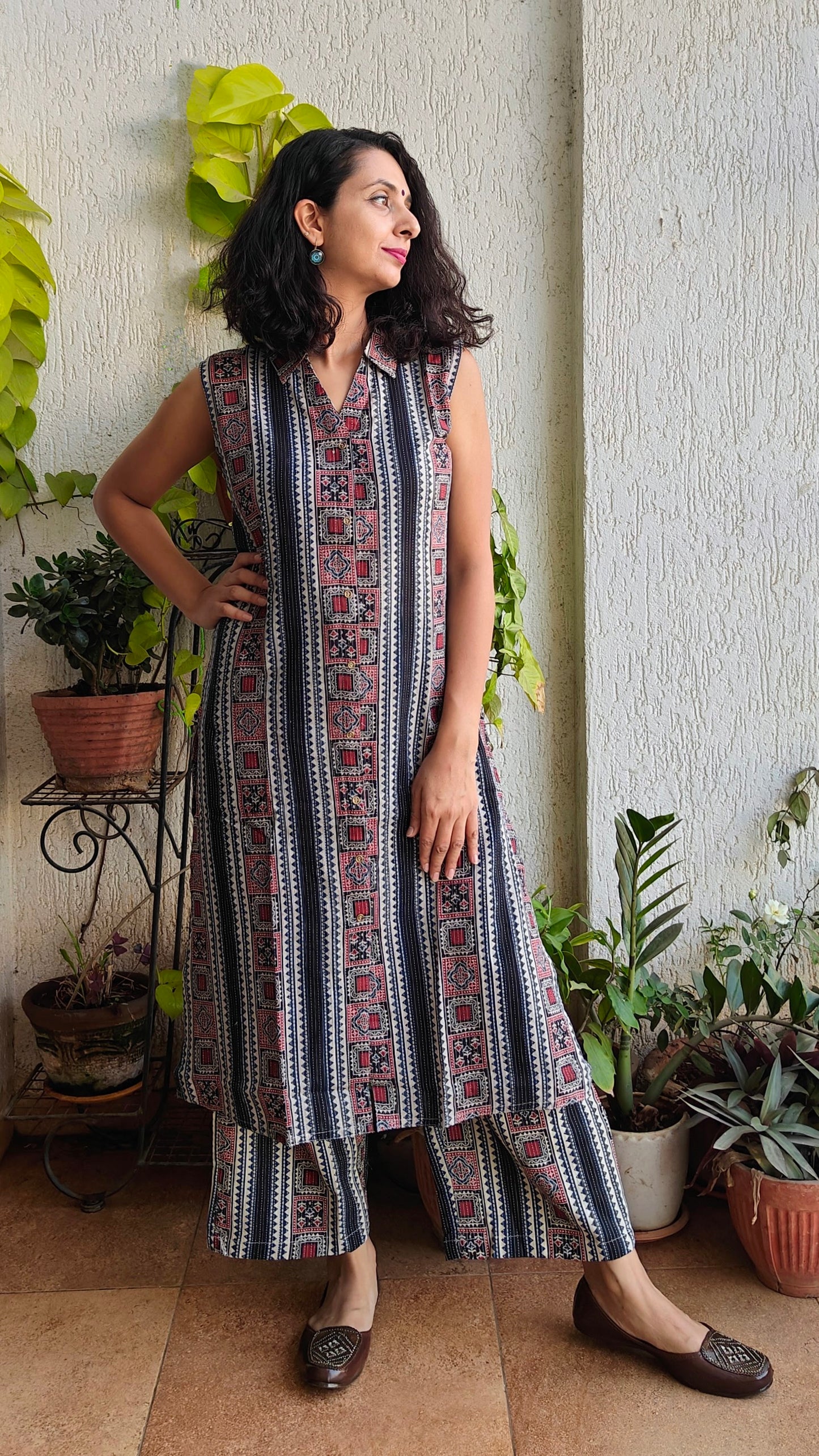 Navy blue block print collared coord set with sleeves attached