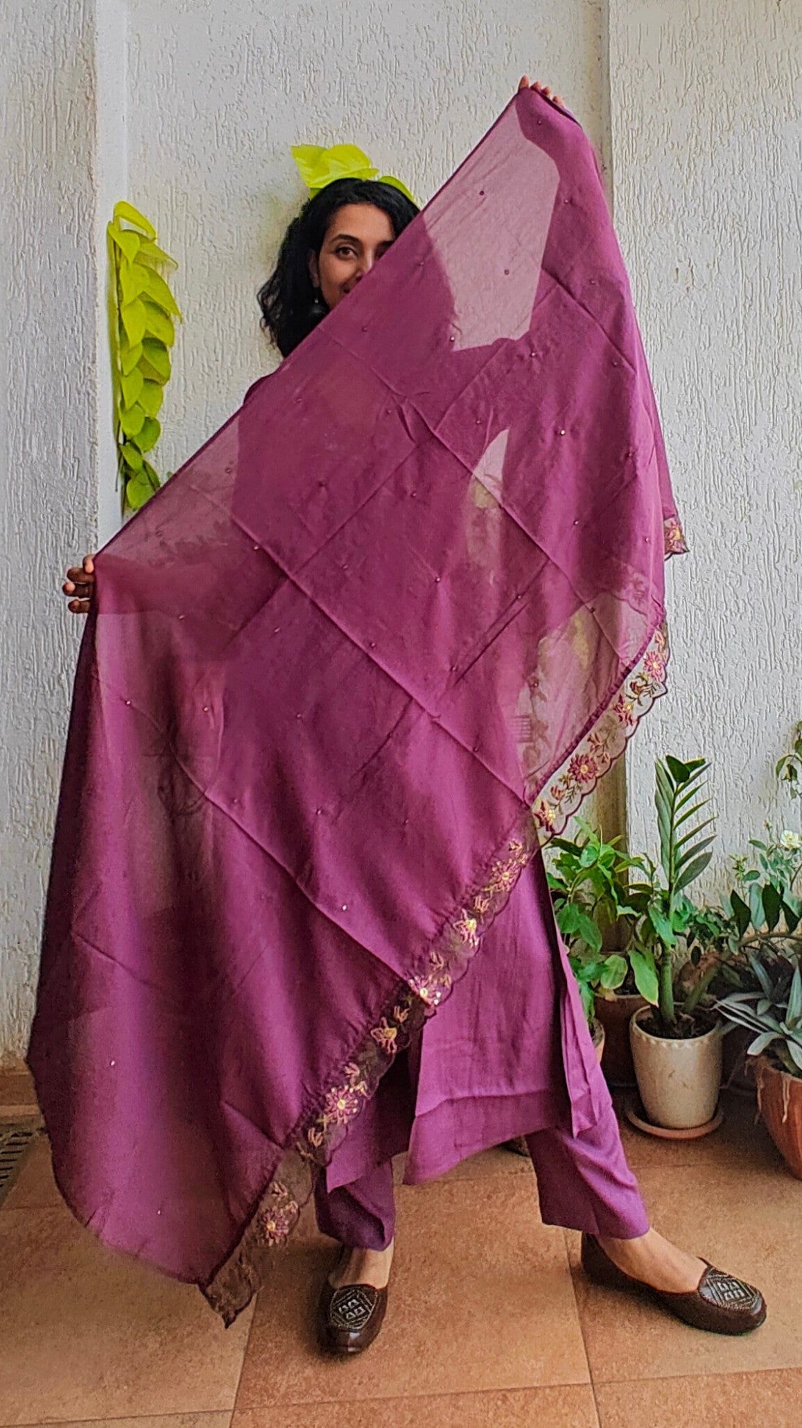 Wine colored v neck lace a-line Mal cotton kurta set with dupatta