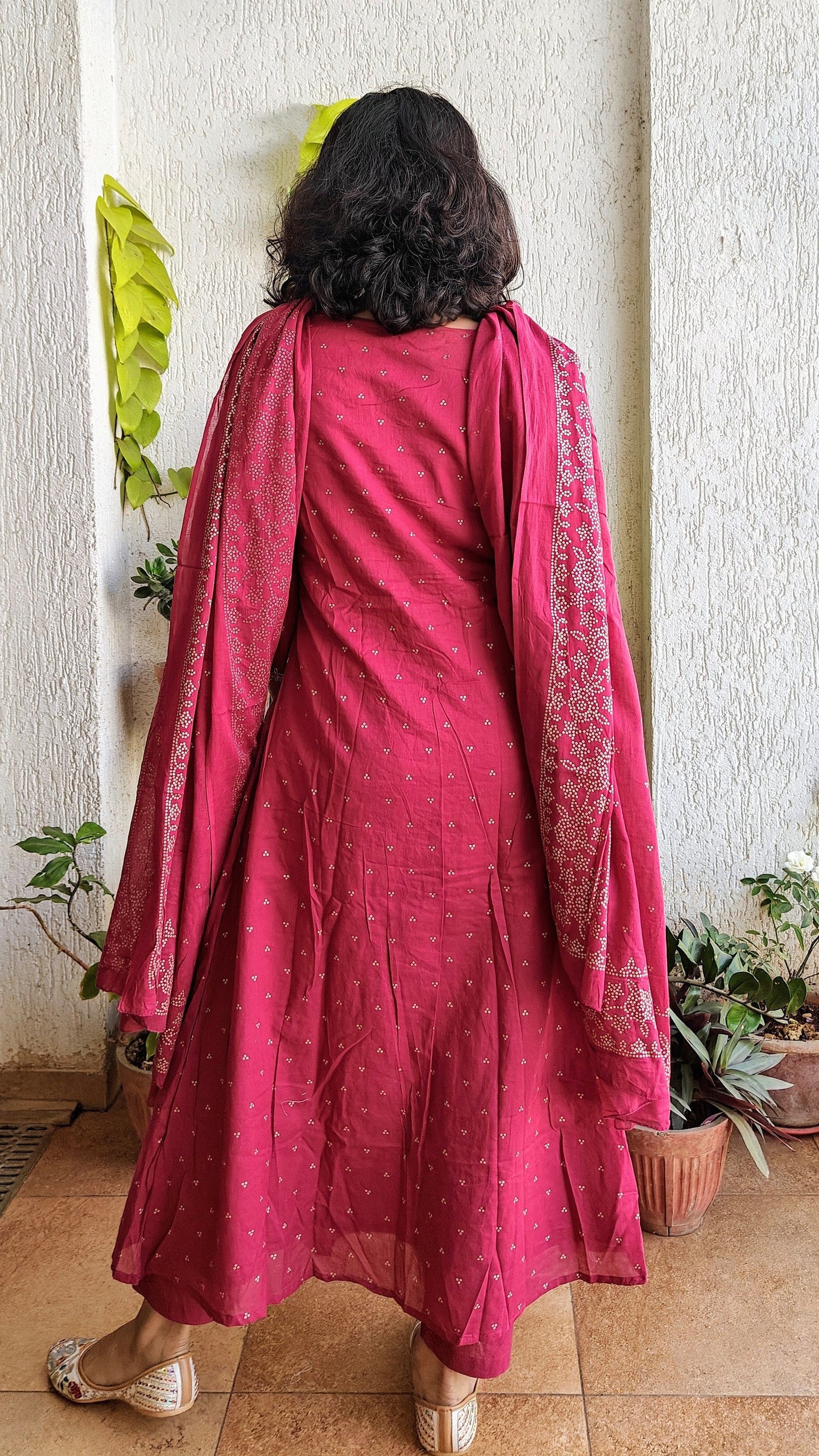 Rani pink Anarkali malmal cotton kurta set with dupatta