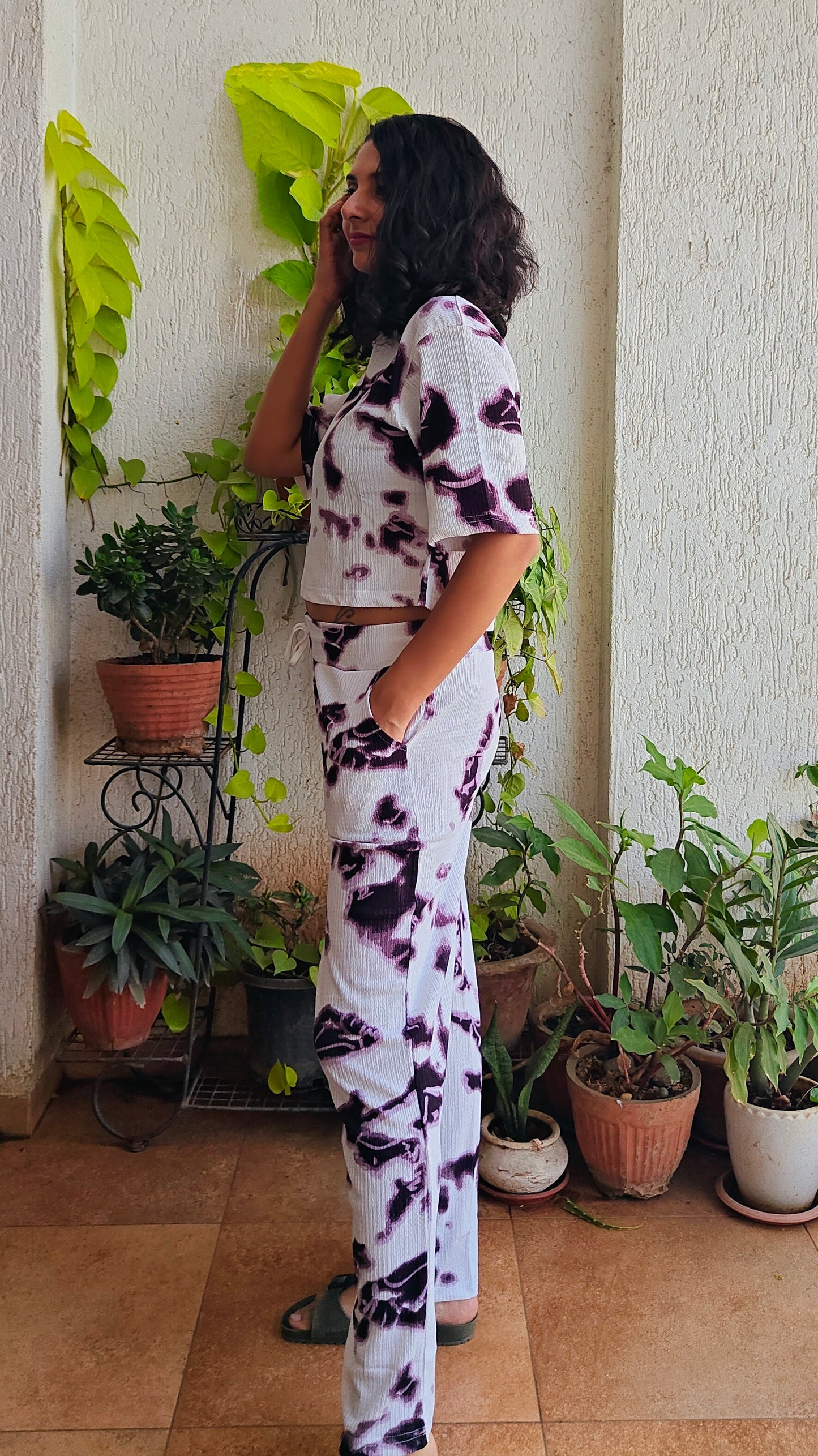 Tie and die white purple Co-ord set