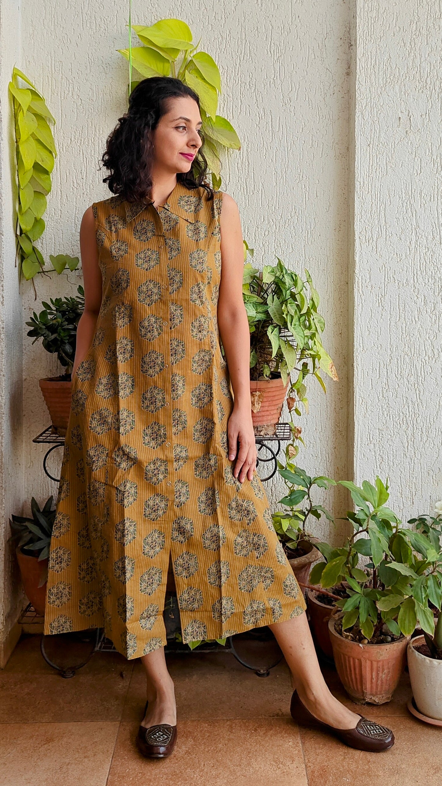 Mustard block printed collared dress