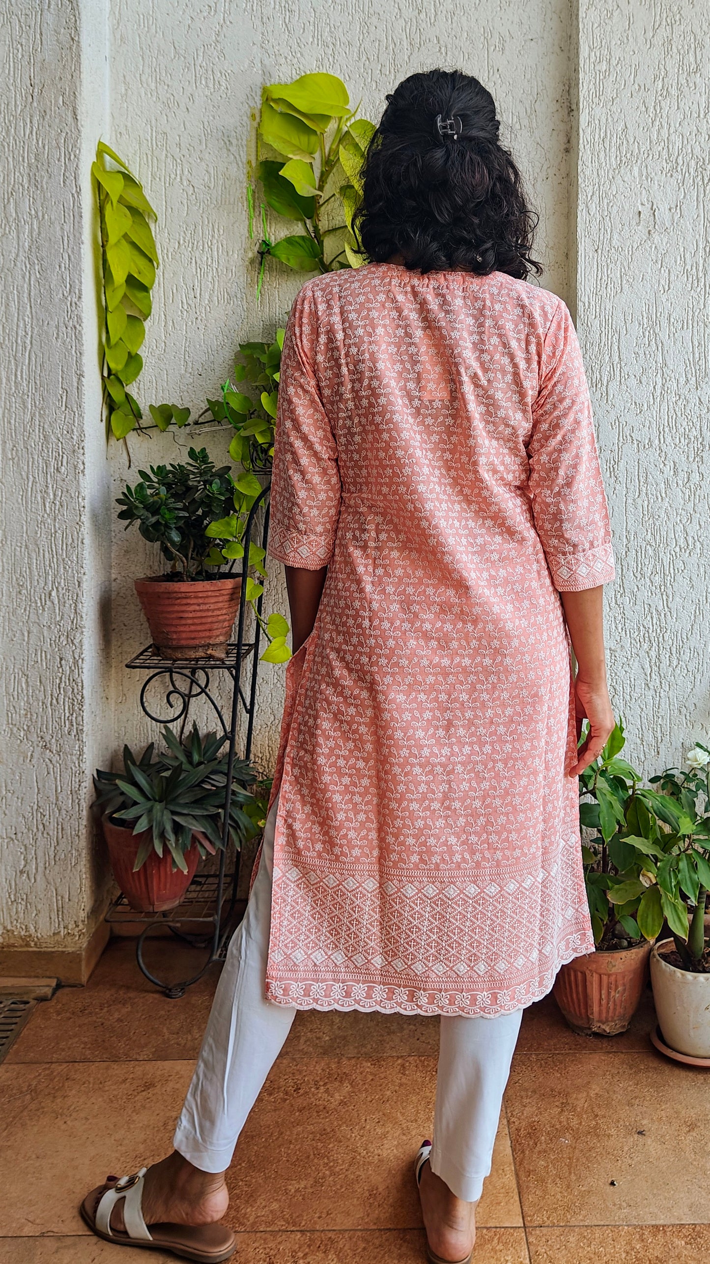 Peach Chickankari kurti