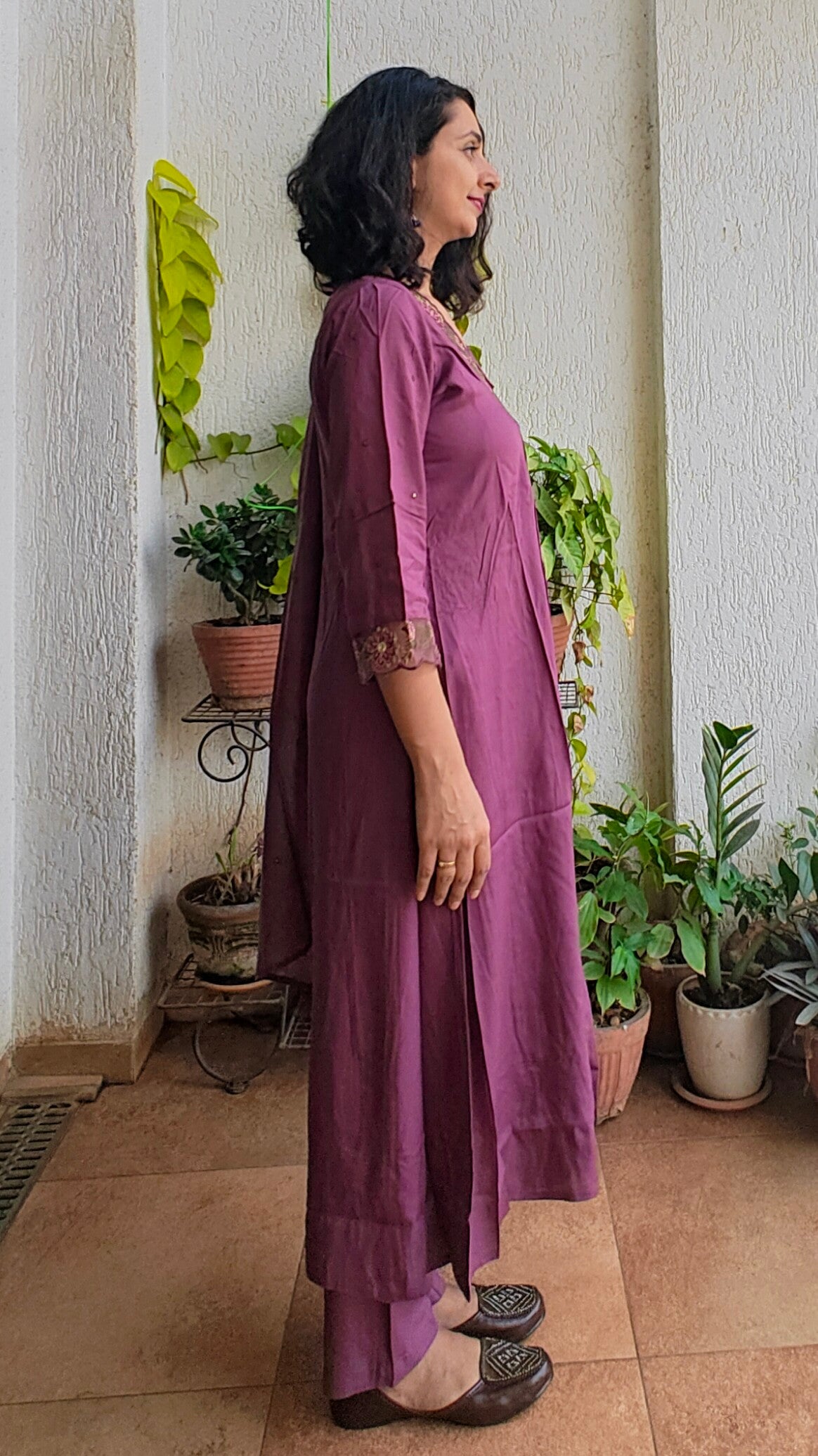 Wine colored v neck lace a-line Mal cotton kurta set with dupatta