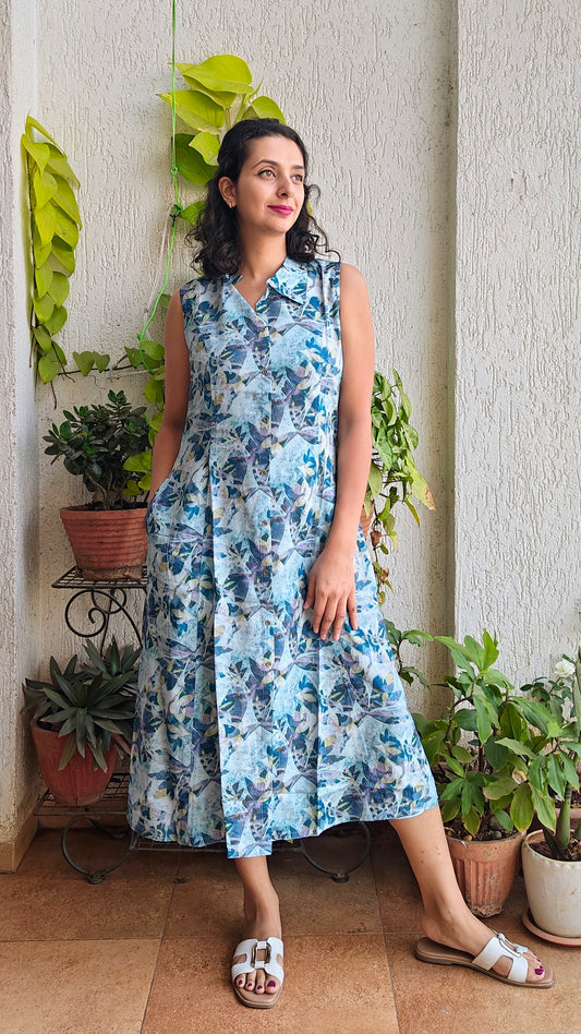 Blue collared dress with sleeves attached