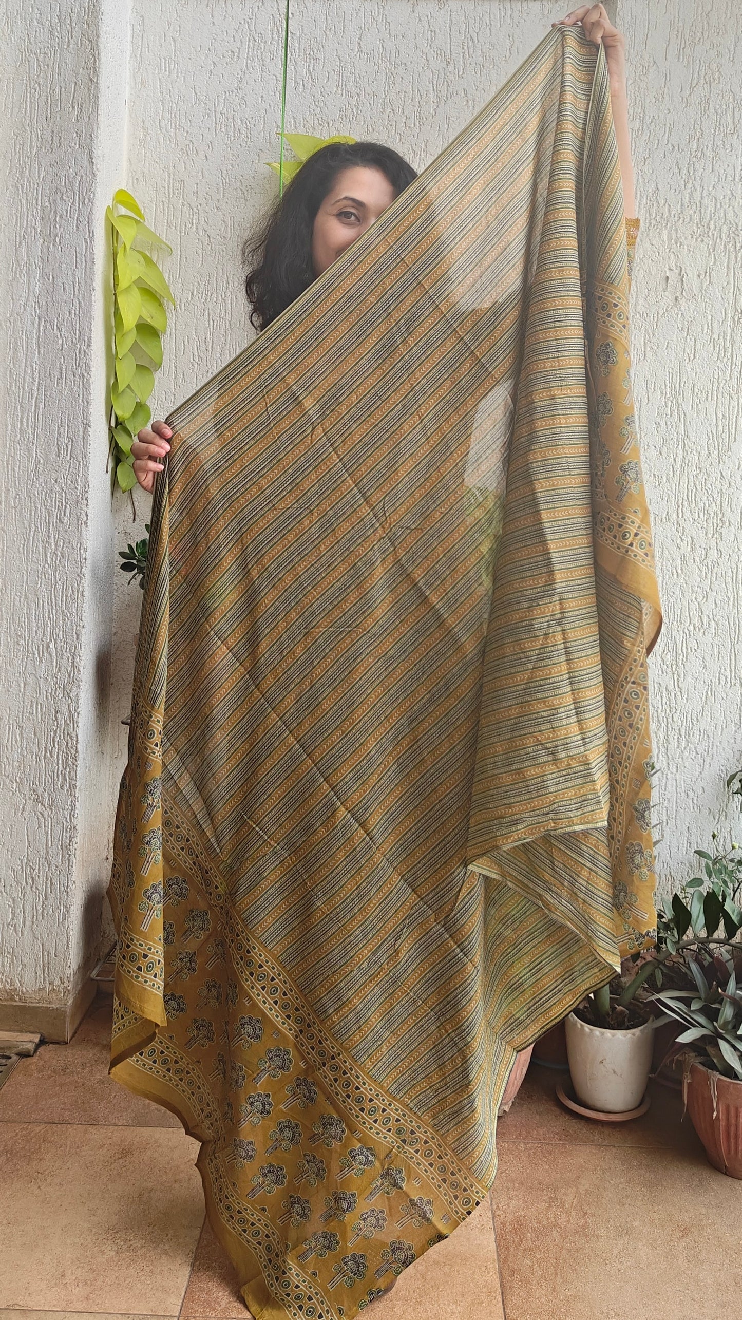 Embroidered mustard block printed cotton kurta set with dupatta